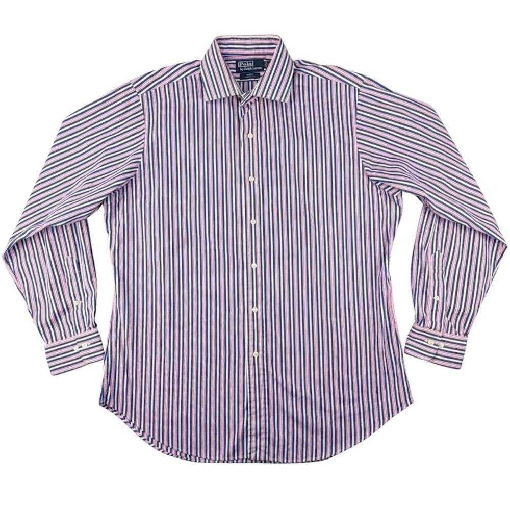 Polo Ralph Lauren Dress Shirt Men's L 16.5 Blue Pink Regent Classic Fit Striped